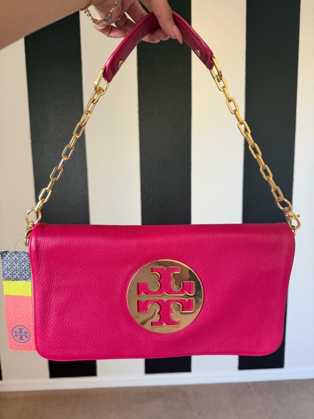 Tory Burch Reva Clutch Raspberry 610 Leather Gold Chain New with tags 🔥 🔥